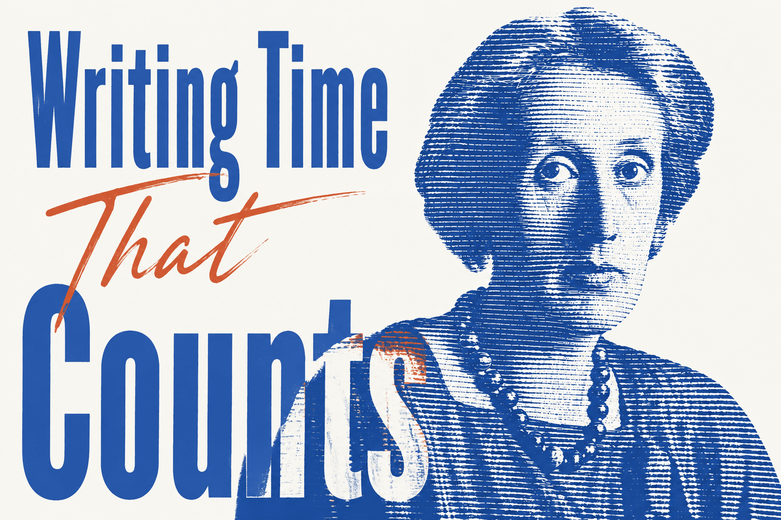 A two-ink line-screen portrait of Virginia Woolf beside the display copy "Writing Time That Counts".