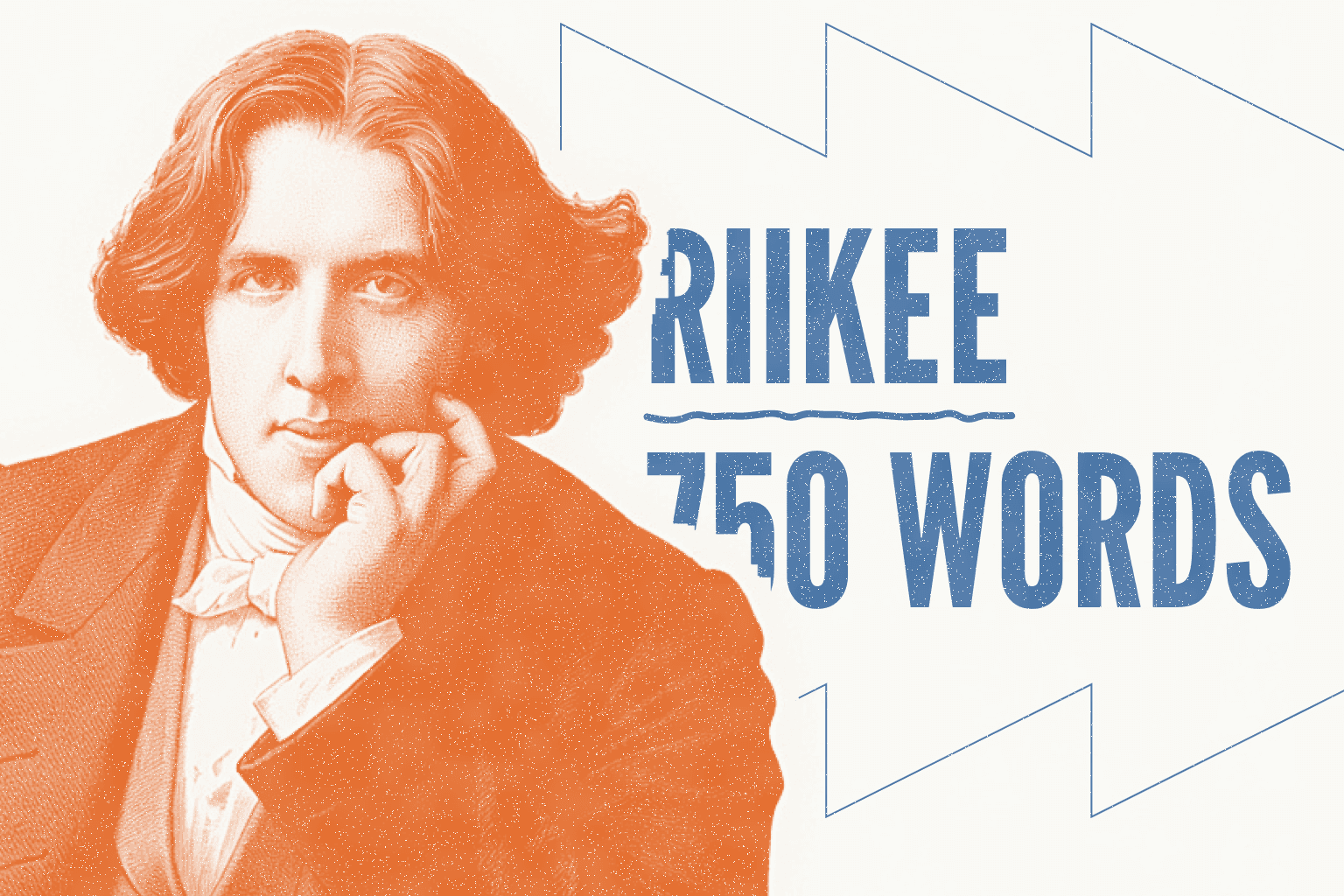 A tangerine print portrait of Oscar Wilde beside slate-blue Riikee and 750 Words type.