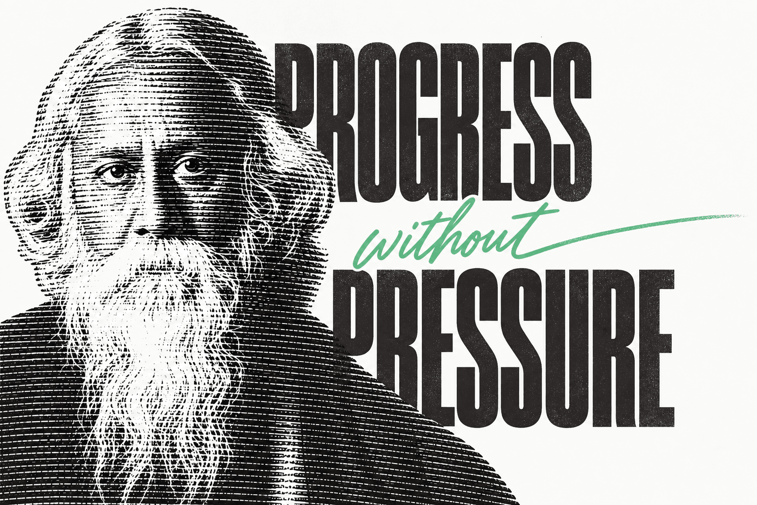 A two-ink line-screen portrait of Rabindranath Tagore crossed by the display copy "Progress Without Pressure".