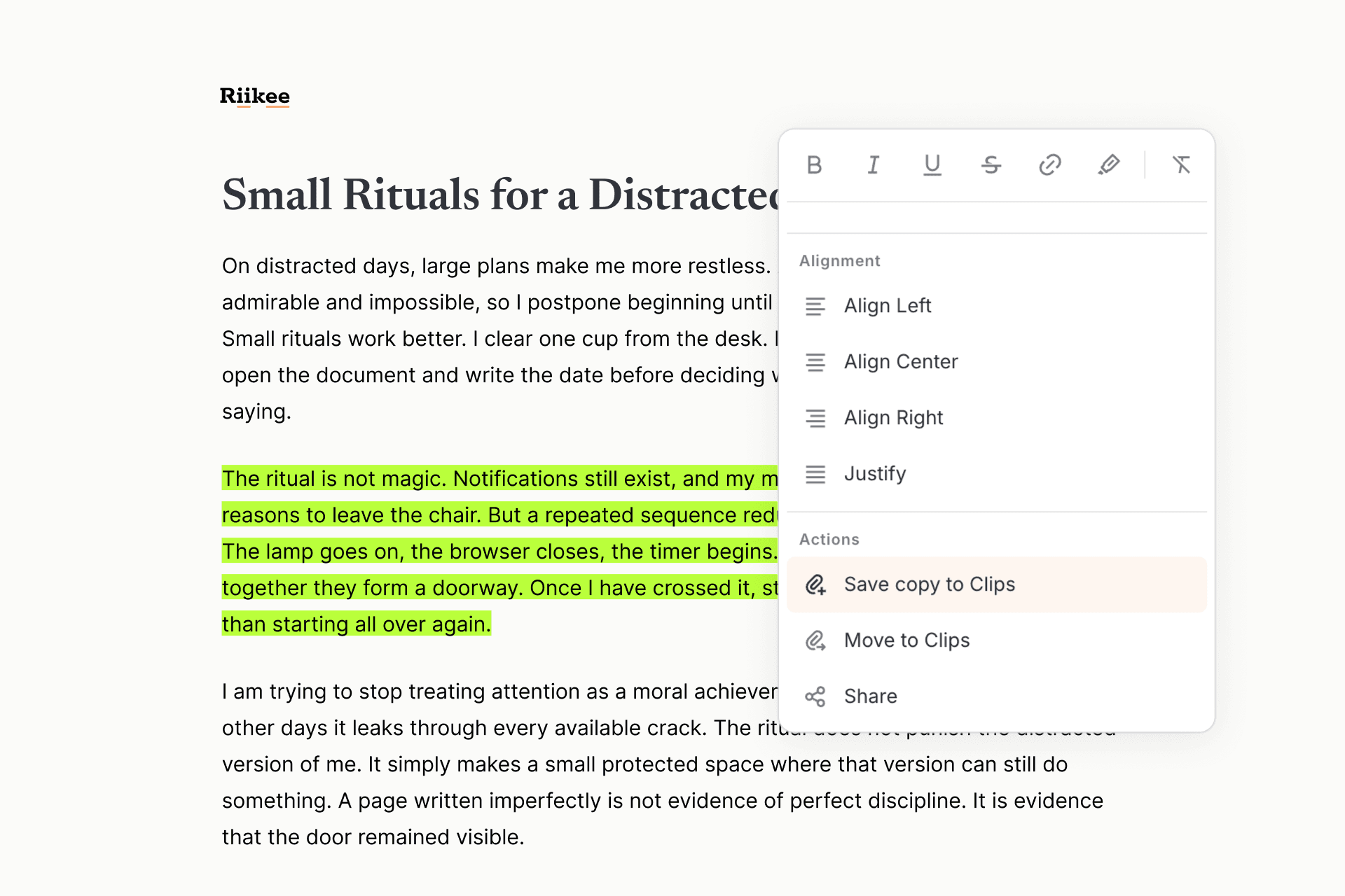 Saving selected text from a Riikee Writing to Clips