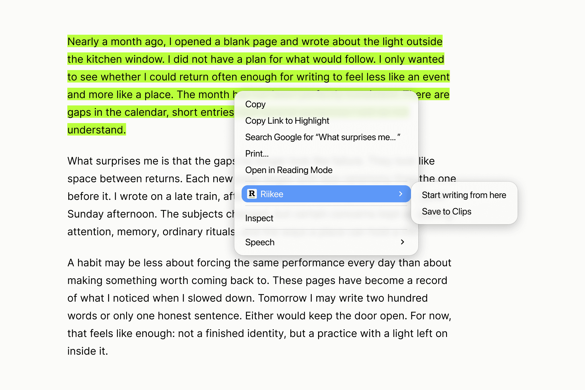 Saving selected text from a web page to Clips with the Riikee browser extension