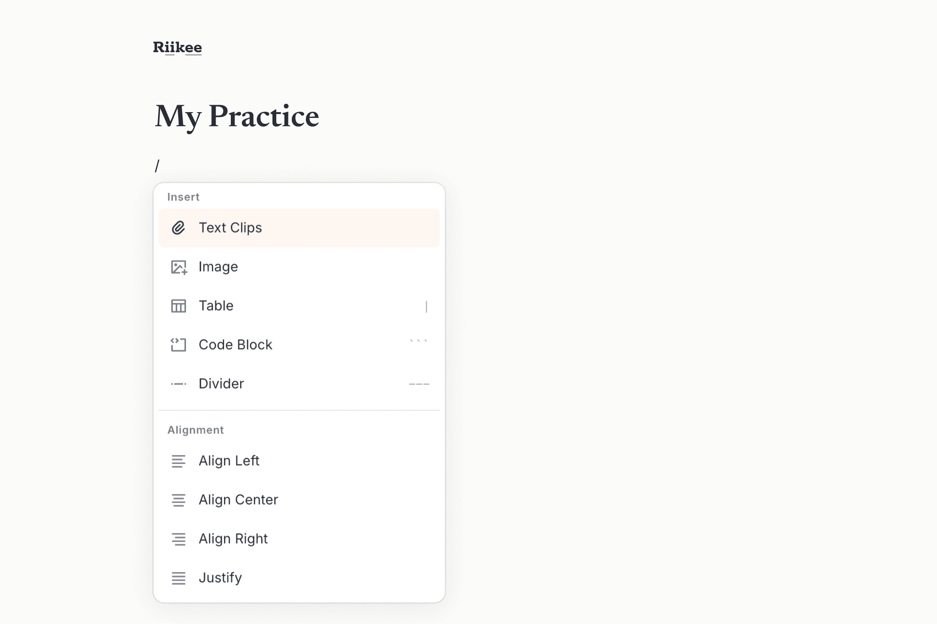Opening Text Clips from the Slash Menu in the Riikee editor