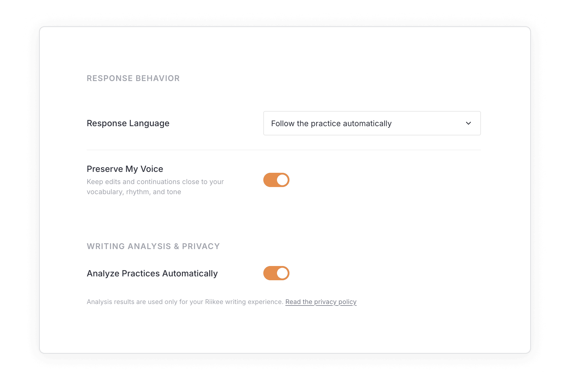 Riikee's AI settings with Preserve My Voice and Analyze Practices Automatically controls enabled.